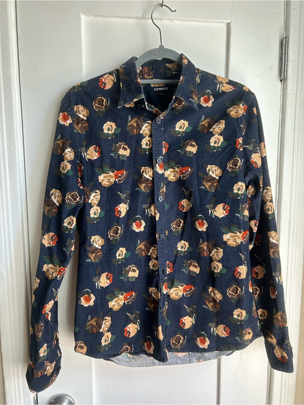Express Navy Corduroy Floral Button-Down Shirt